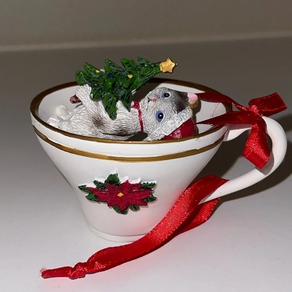 Cat Snowman Family Tea Cup Ornament Painted Resin Crafts Creative x4